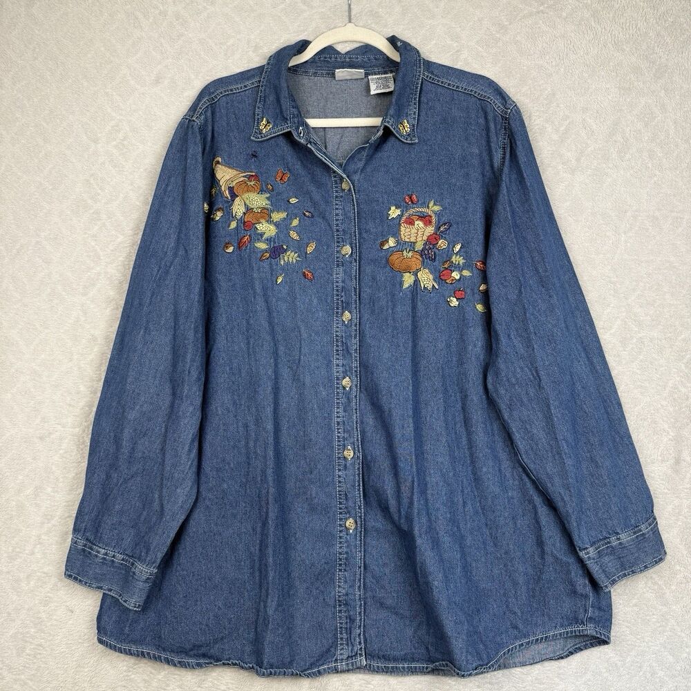 Vtg Denim Button Up Shirt Women 22W/24W Embroidered Pumpkins Leaves Fall Harvest